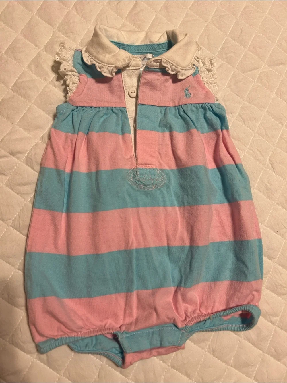 Ralph Lauren Pink & AquaStriped Polo Romper